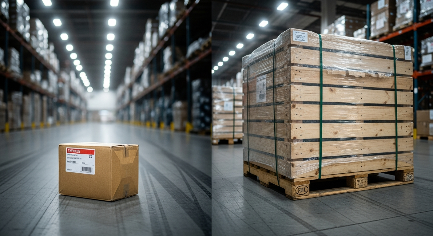 Side-by-side comparison of a small express parcel and a large shrink-wrapped freight pallet in a cargo warehouse.