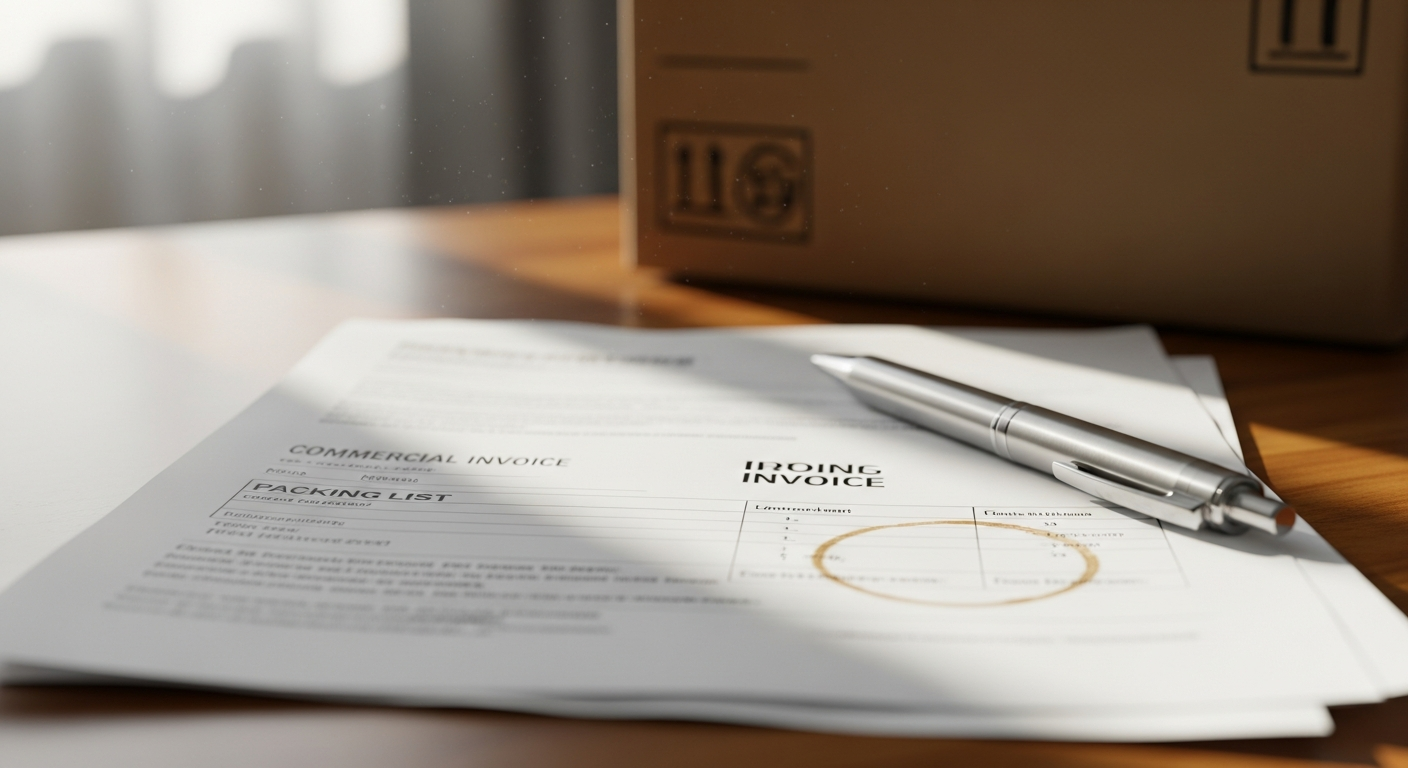 Close-up of commercial invoice and packing list shipping documents on a desk for UK customs clearance.