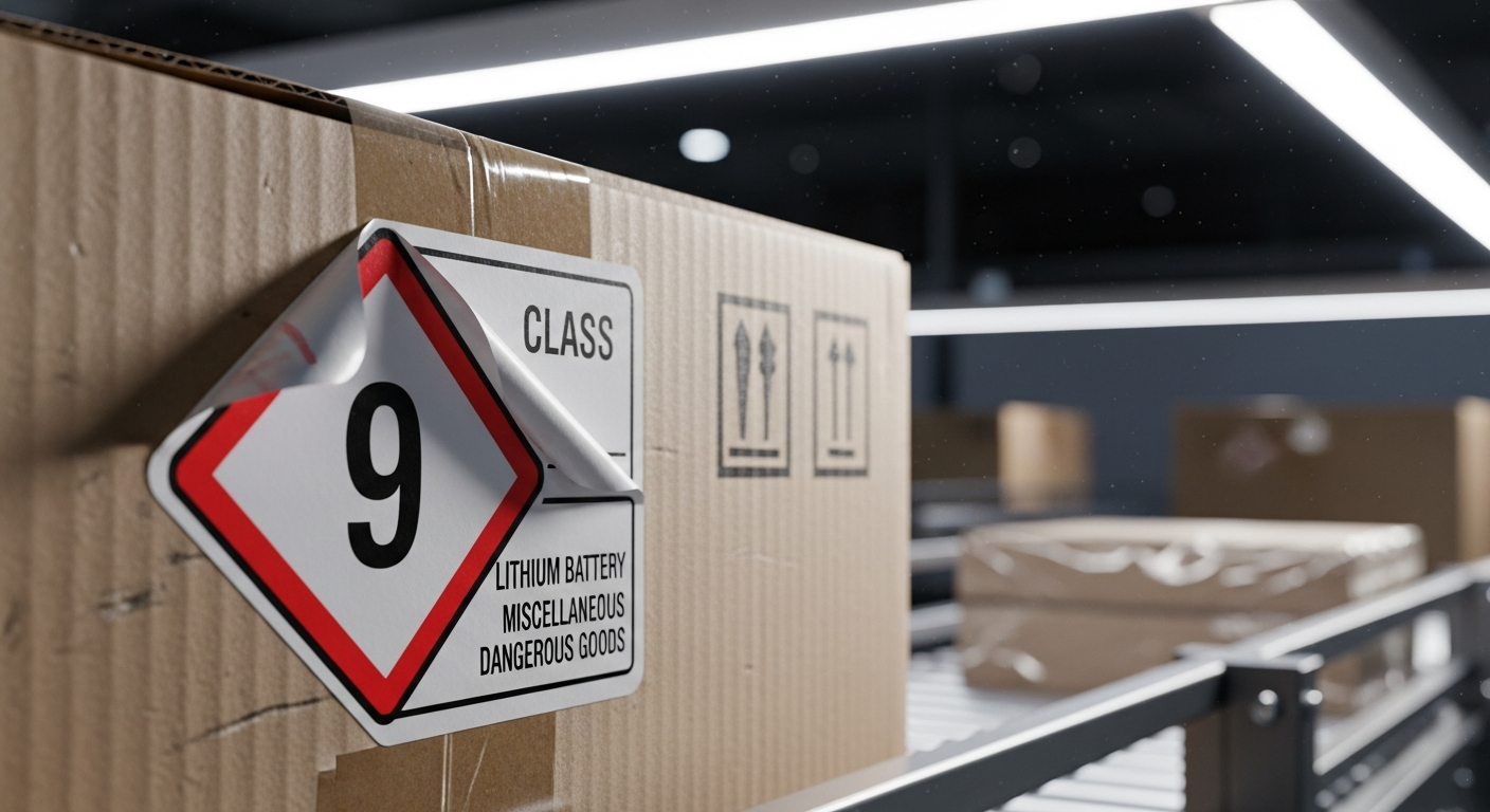Close-up of a Class 9 lithium battery hazard label on a cardboard shipping box in a warehouse.