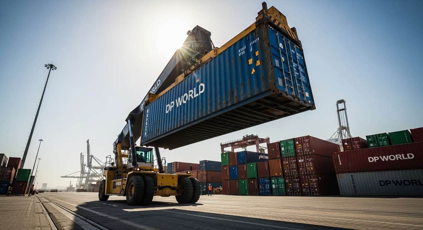 Cargo containers being processed by a reach stacker at a busy Dubai port facility for customs clearance.
