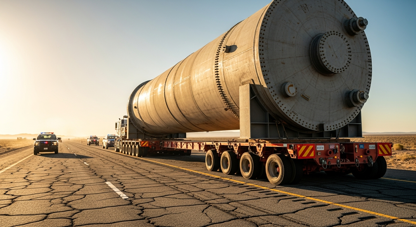 SPMT carrying a massive steel refinery column on a desert highway with police escort.