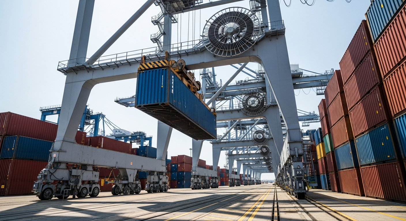 Gantry crane lifting a shipping container at a busy Dubai port terminal, highlighting LCL shipping logistics.