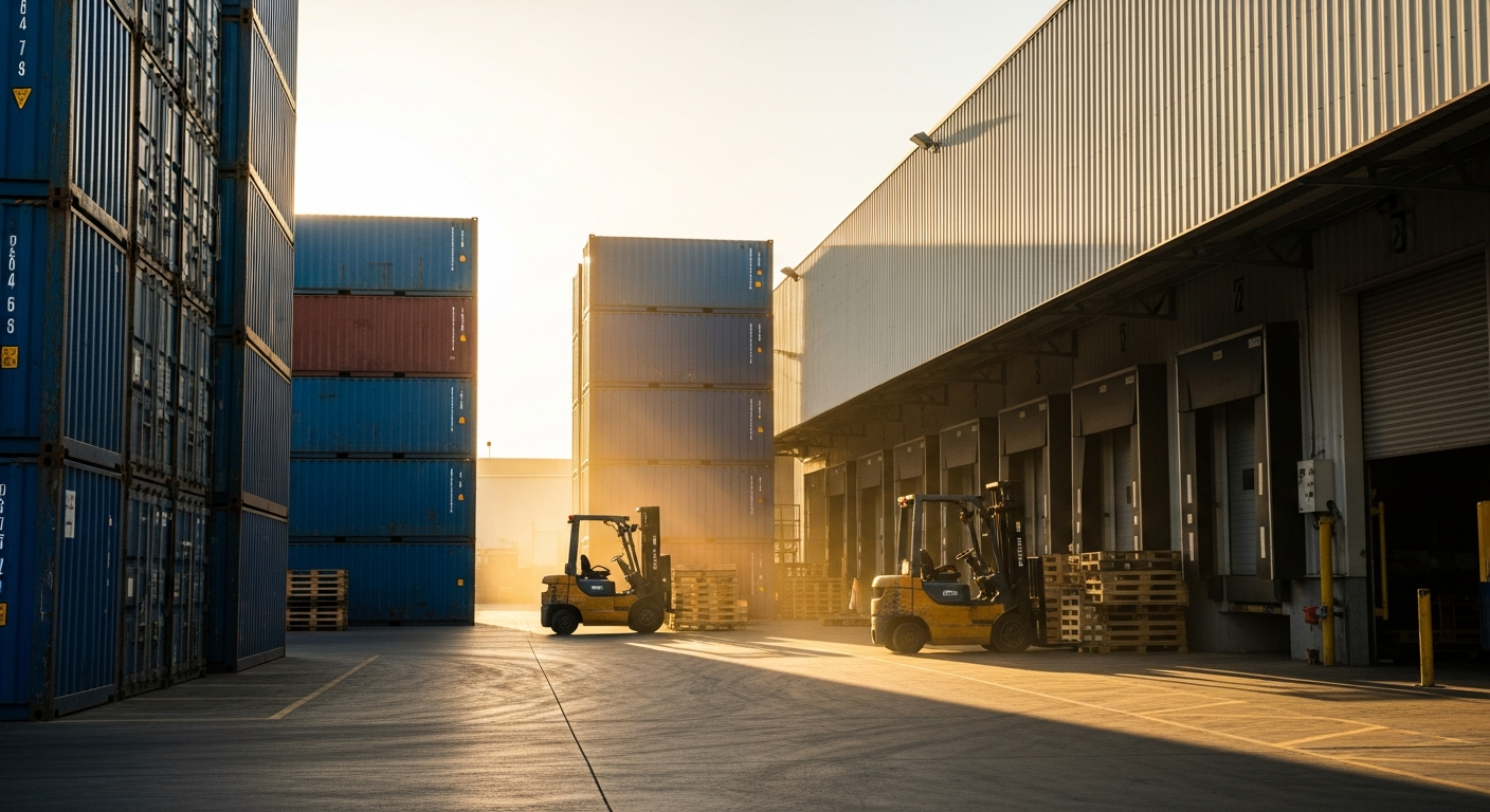 Low-angle view of a busy UAE free zone logistics hub with stacked shipping containers and a modern warehouse facility.