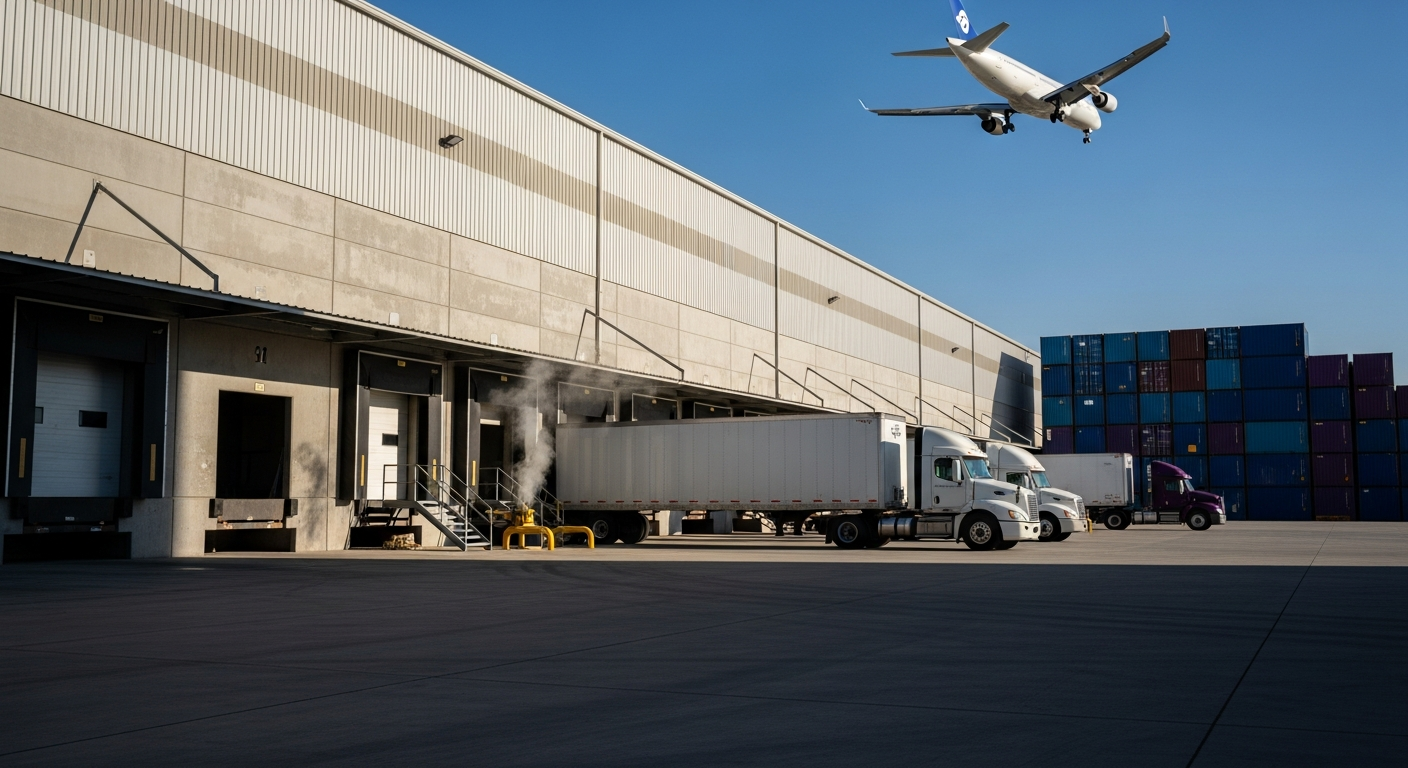 Modern logistics warehouse in a UAE free zone with an airplane flying overhead.