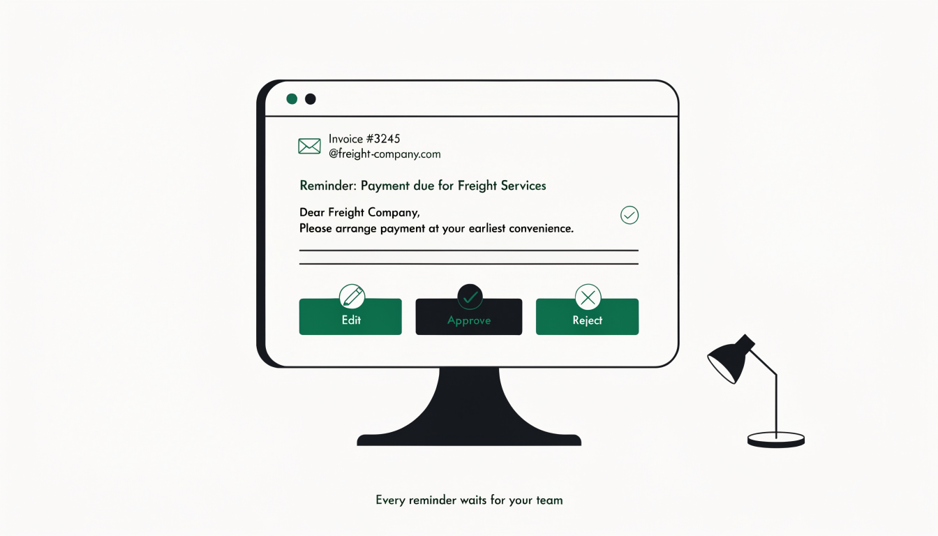 Line illustration of a desktop monitor showing a payment reminder email for freight services with Edit, Approve and Reject buttons, captioned 'Every reminder waits for your team'.