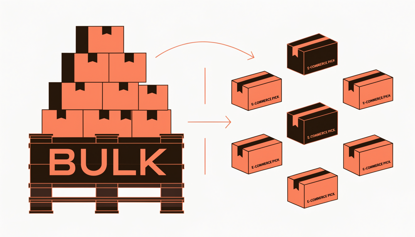 Vector illustration showing a bulk pallet breaking down into individual e-commerce pick items.