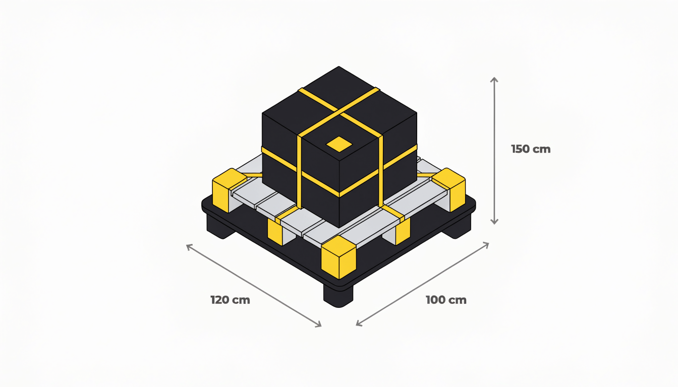 Illustration of a strapped, boxed load on a pallet with dimension lines marked 120 cm, 100 cm and 150 cm.