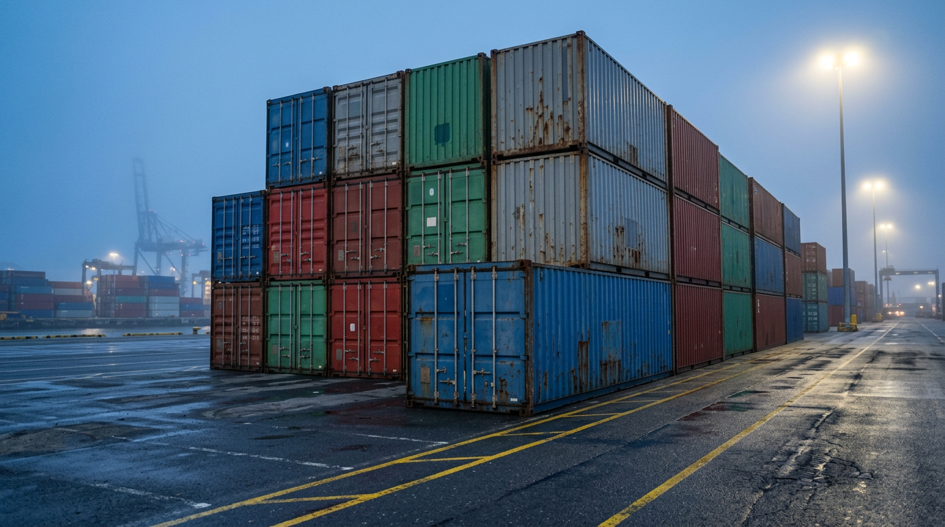 Stacks of shipping containers on a wet container terminal at dusk, with lit floodlights and a gantry crane in the background.