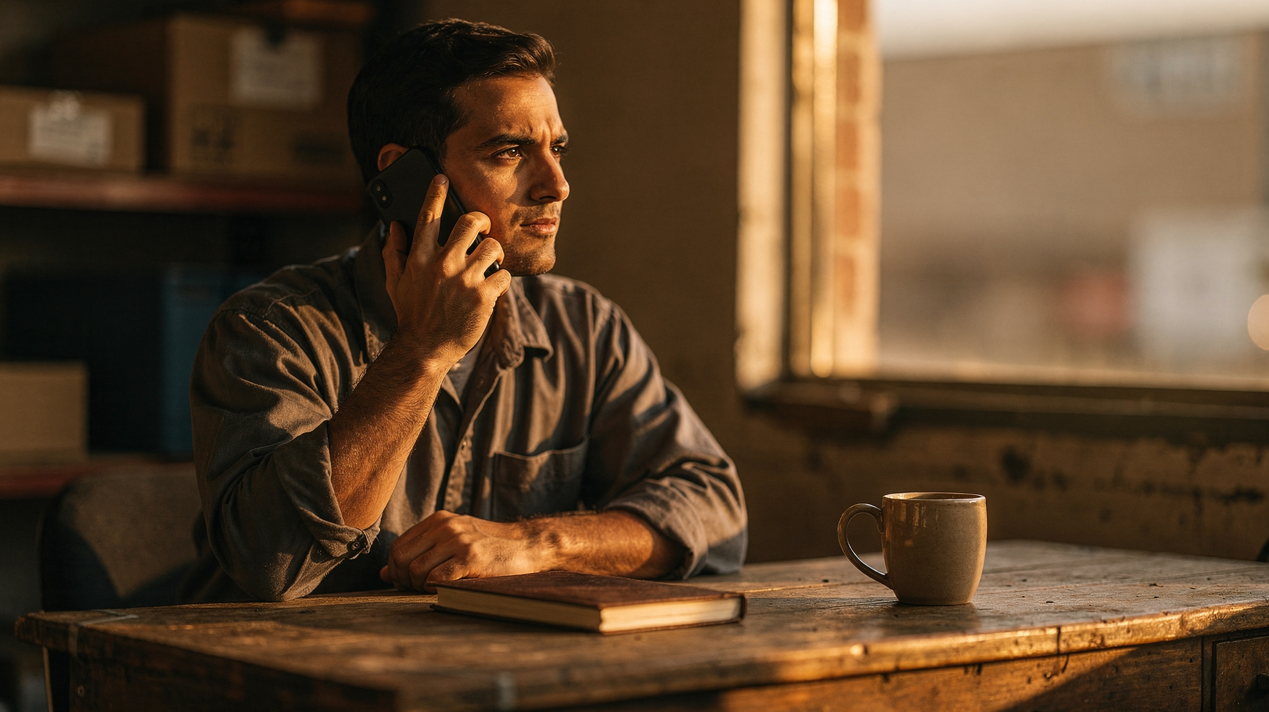 A freight operator on the phone looking out of a window, a closed notebook and a coffee cup on the desk.