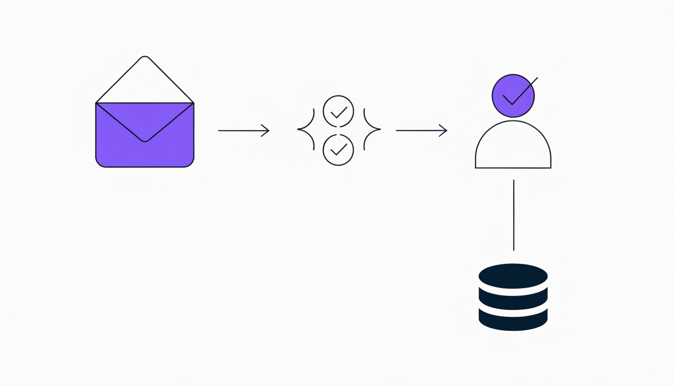 Line illustration: an envelope, a checklist, a person with a tick, and a database beneath.