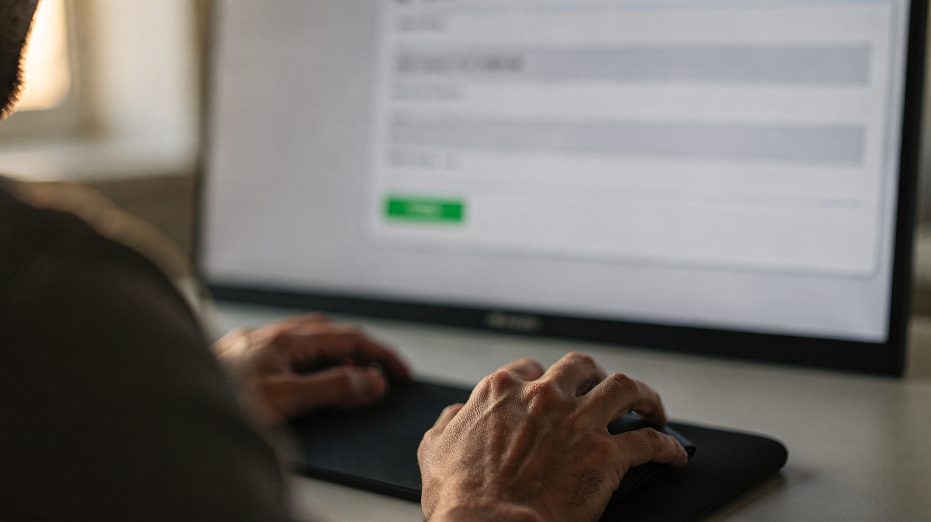 Over-the-shoulder view of a person using a mouse at a computer monitor showing a blurred on-screen form with a green button.