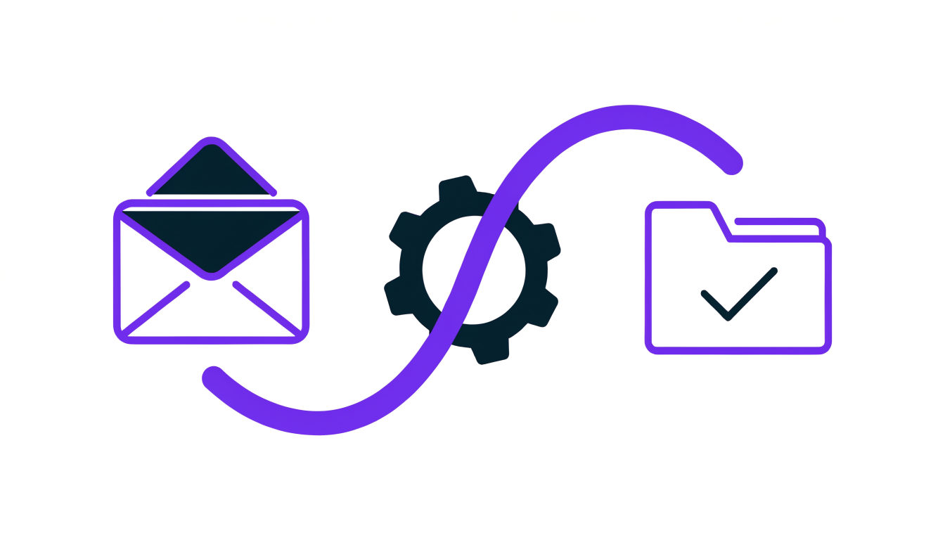 Line illustration: an open envelope passes through a gear and becomes a folder with a tick.