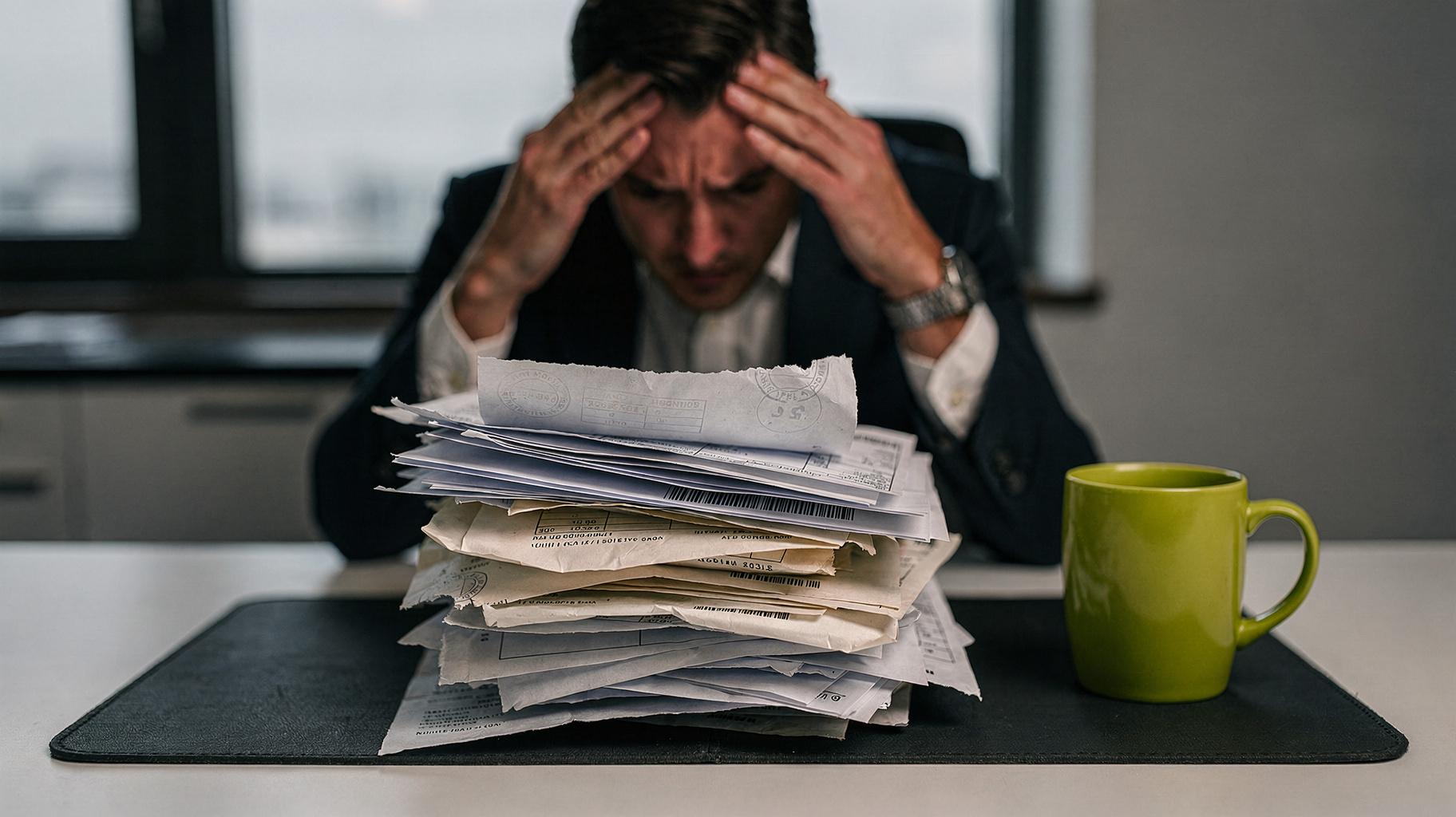 A man in a suit holds his head in his hands behind a tall pile of crumpled receipts and papers on a desk, beside a green mug.