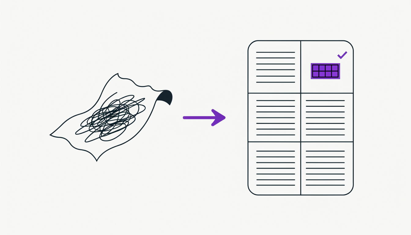Line illustration: a crumpled sheet of scribbles becomes a neat, structured document with a tick.