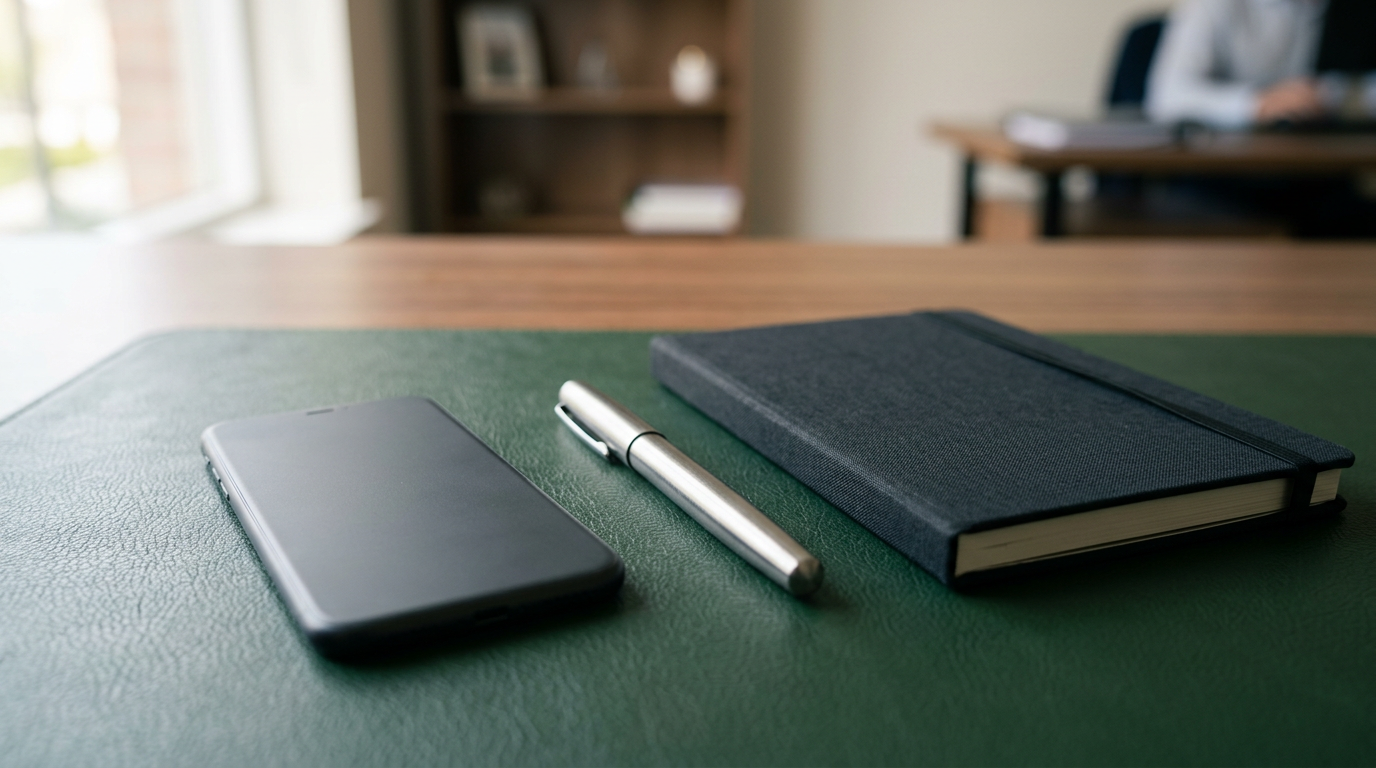 A smartphone lying face down on a green leather desk mat beside a silver pen and a closed dark notebook.