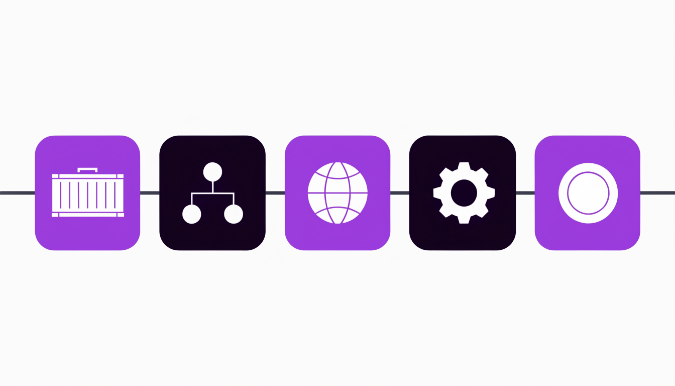 Five icons in a row: a shipping container, an organisation chart, a globe, a gear and a coin.