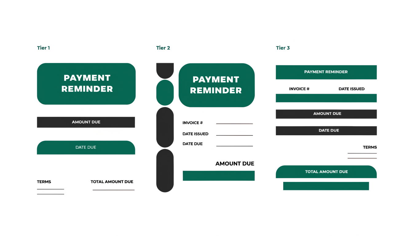 Three payment reminder layouts labelled Tier 1, Tier 2 and Tier 3, each with fields such as amount due, date due and terms.