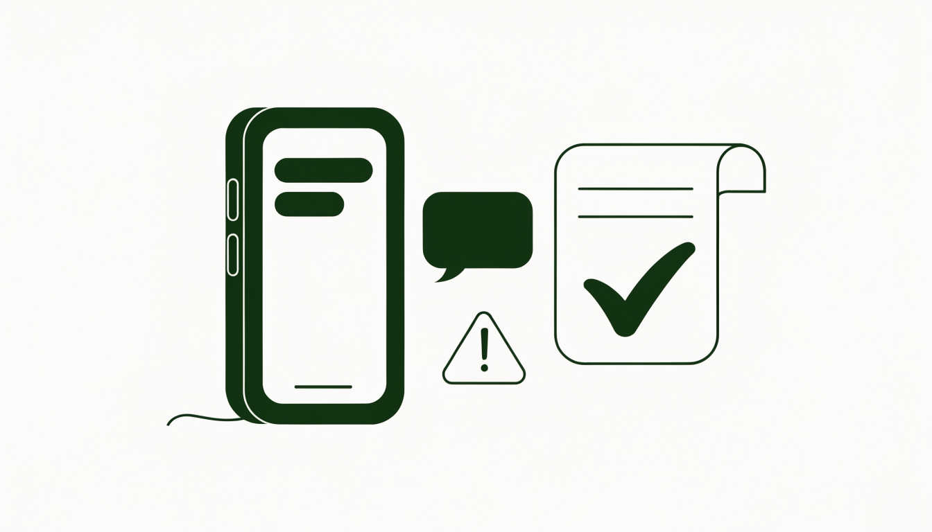 Line illustration of a smartphone, a speech bubble with a warning triangle below it, and a document marked with a large tick.