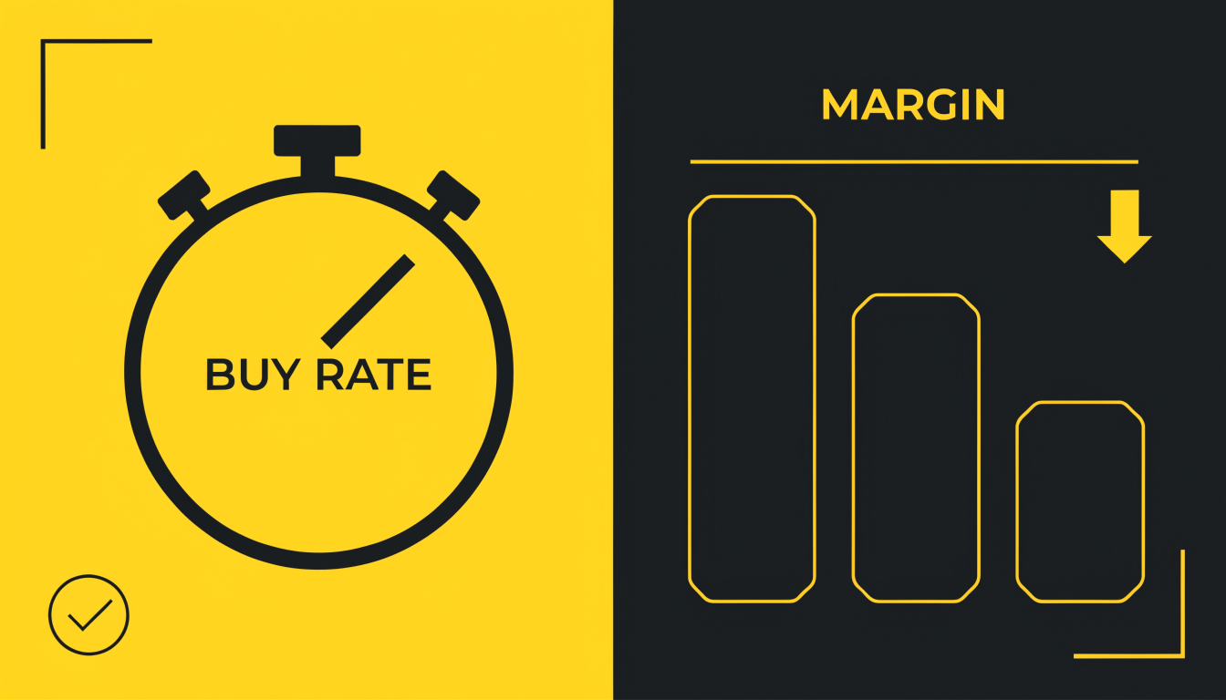 Illustration of a stopwatch labelled BUY RATE beside three shrinking bars labelled MARGIN with a downward arrow.