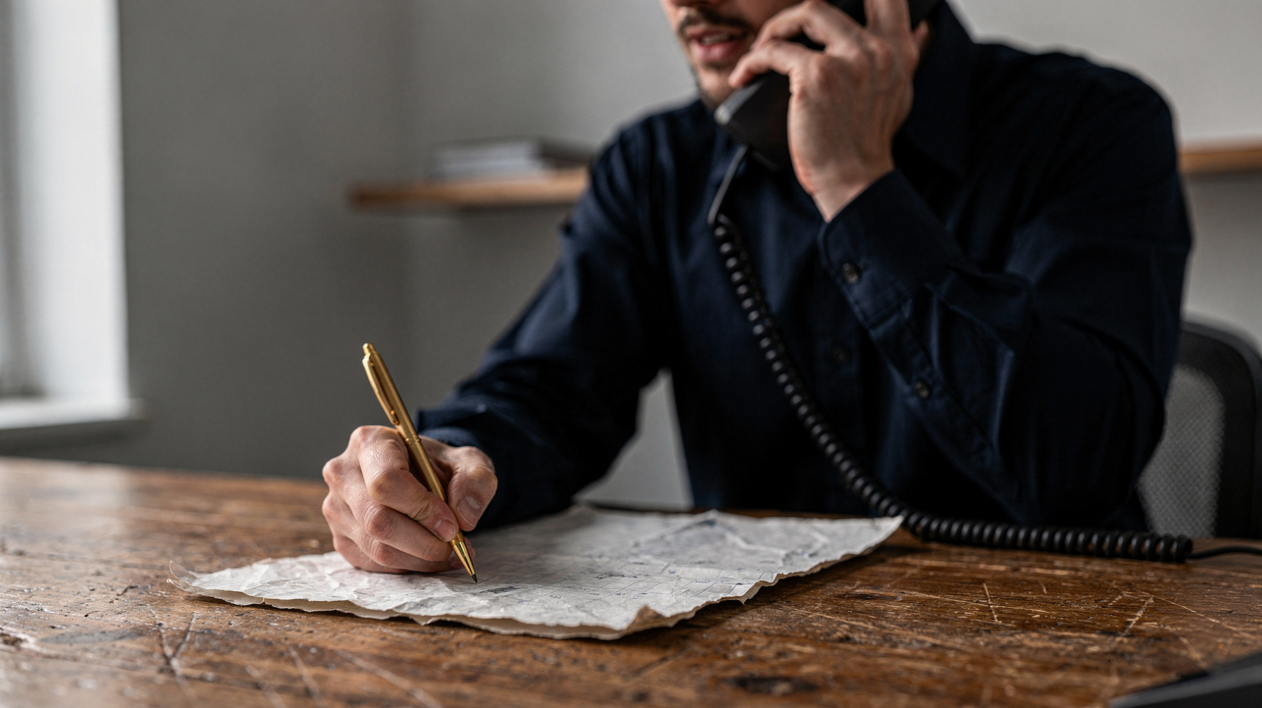 A man in a dark shirt talks on a corded desk phone while writing with a gold pen on a crumpled sheet of paper at a wooden desk.
