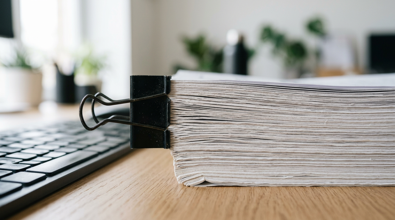 Close-up of a thick stack of shipping documents held by a black binder clip beside a keyboard.