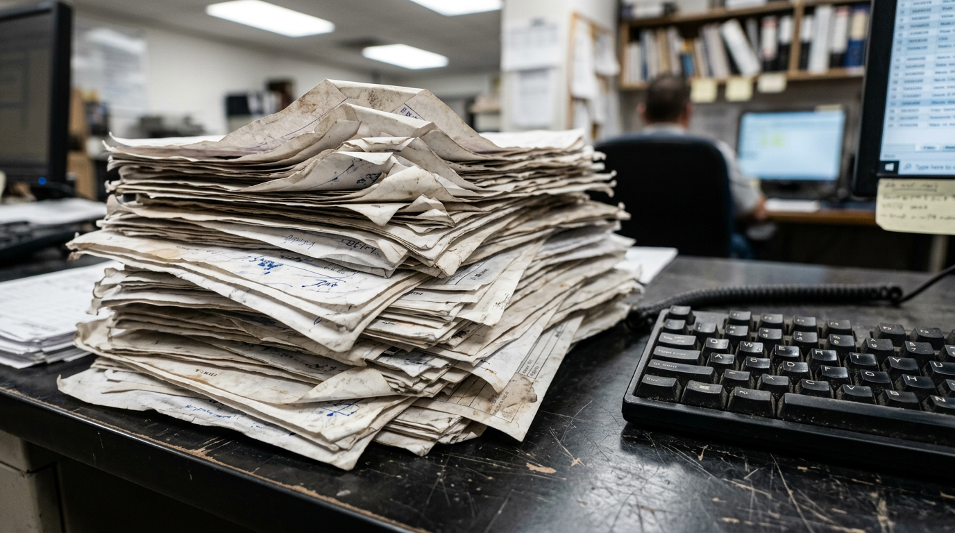 A tall stack of crumpled, handwritten paper forms on an office desk beside a keyboard, with a person working at a computer in the background.