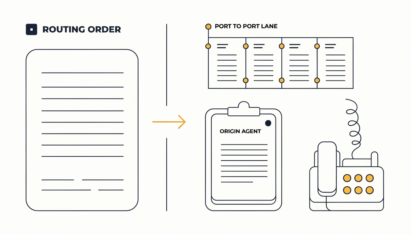 Line illustration of a document labelled 'Routing Order' with an arrow to a clipboard labelled 'Origin Agent', a 'Port to Port Lane' table and a desk phone.