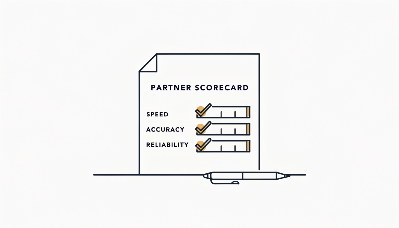 Line illustration of a document titled 'Partner Scorecard' with ticked bars for Speed, Accuracy and Reliability, and a pen lying beside it.