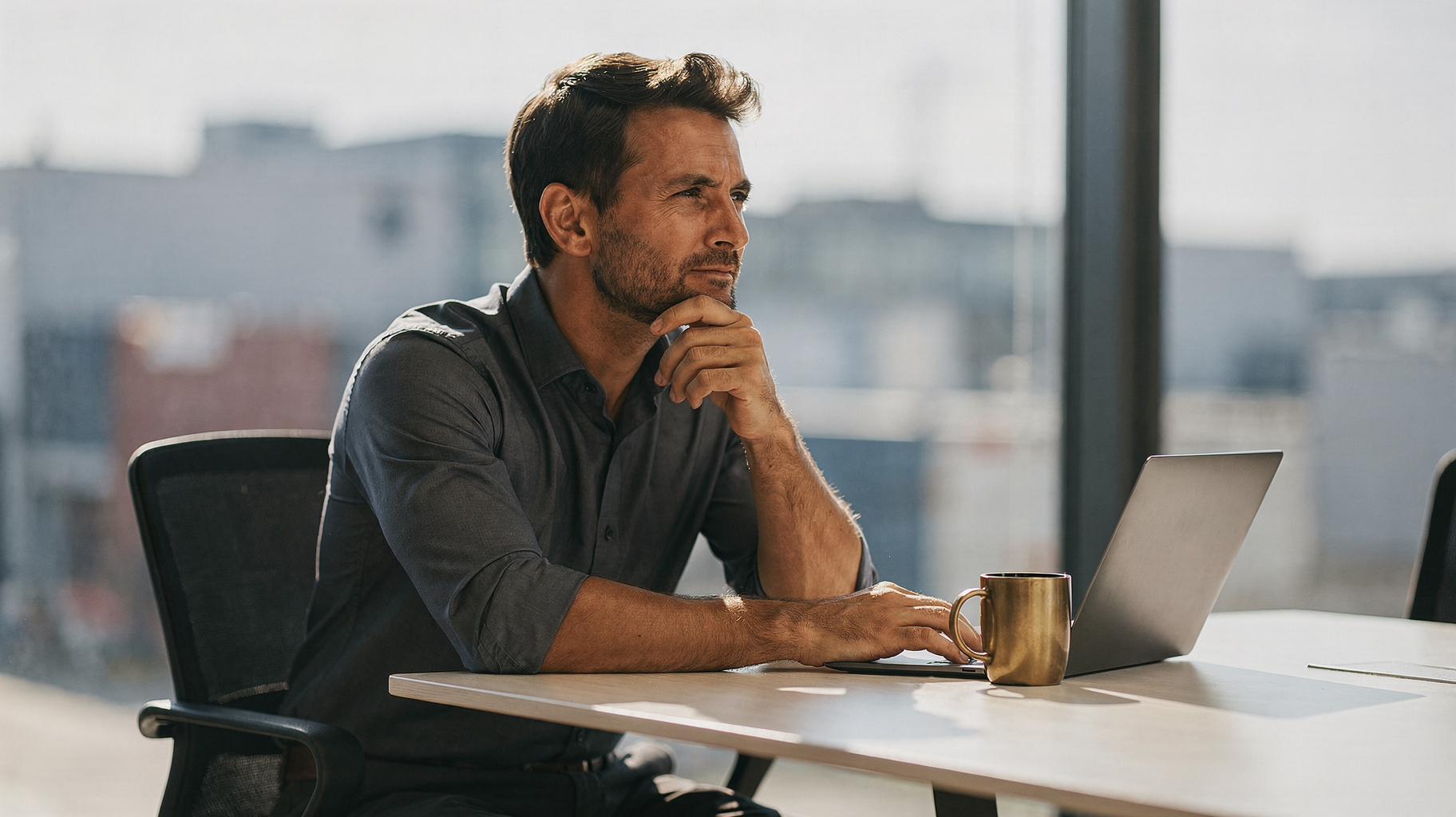 A man at a meeting table, hand on his chin in thought, with a laptop and a brass coffee mug in front of him.