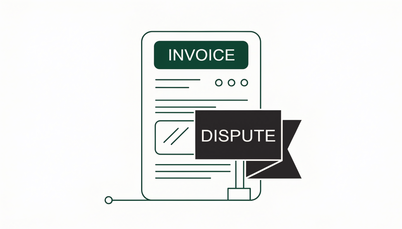 Line illustration of a document headed 'INVOICE' with a black flag marked 'DISPUTE' planted across it.