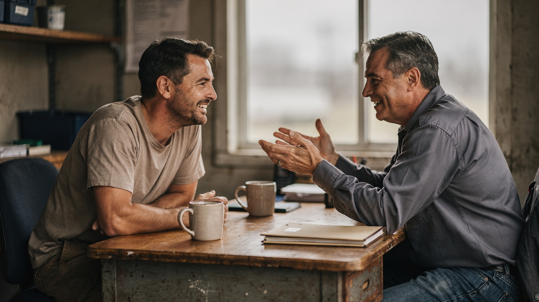Two colleagues laughing and talking across an office desk, coffee mugs and folders between them.