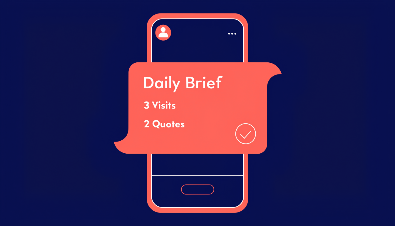 Illustration of a smartphone showing a chat message headed 'Daily Brief' listing 3 Visits and 2 Quotes.