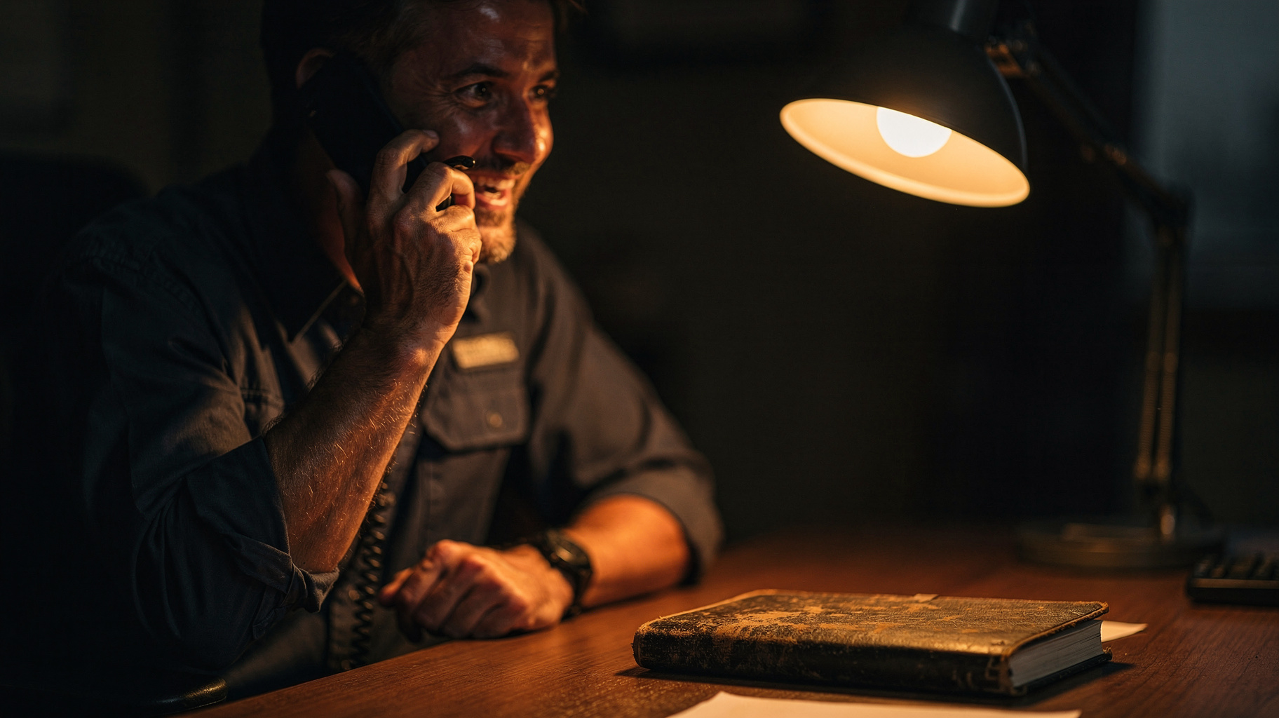 A smiling freight operator on the phone at a desk lit by a warm lamp, a closed notebook in front of him.