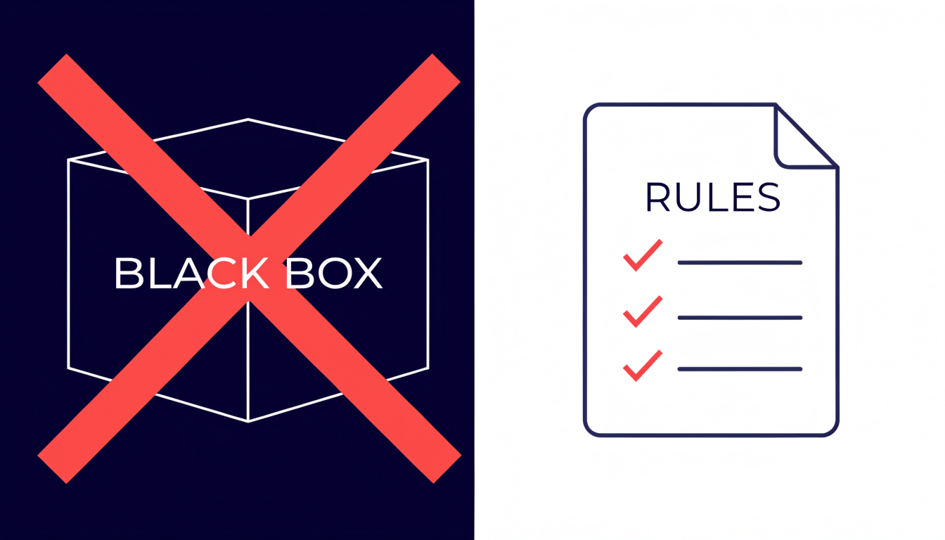 Illustration of a cube labelled BLACK BOX struck through with a red cross, beside a document labelled RULES with three ticked lines.