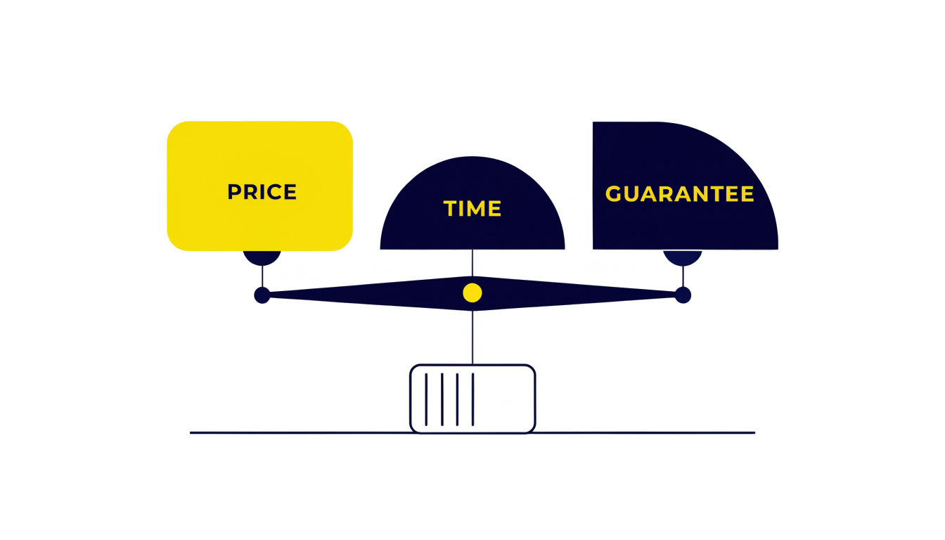 Illustration of a balance scale resting on a shipping container, with three pans labelled PRICE, TIME and GUARANTEE.