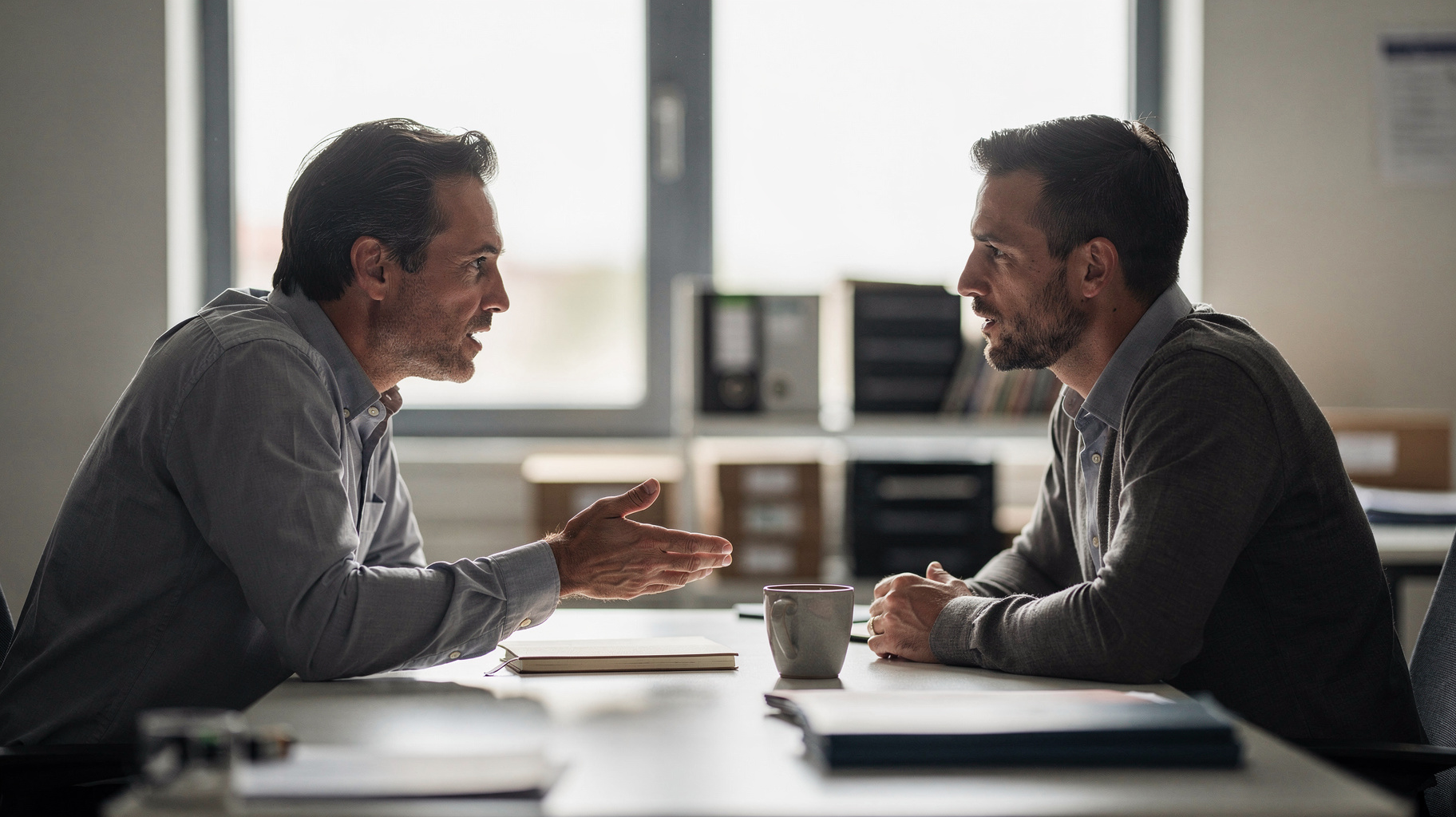 Two colleagues in conversation across an office desk, a coffee cup and a notebook between them.