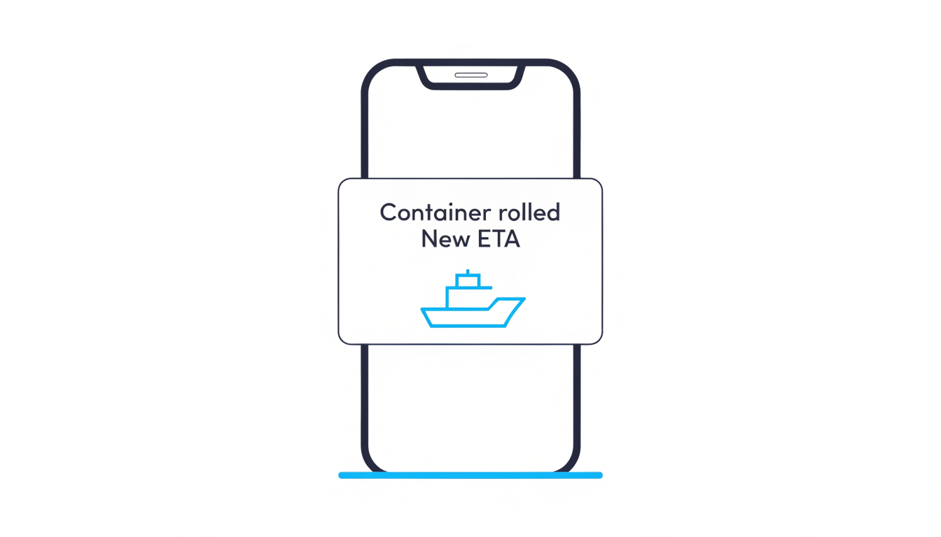 Illustration of a smartphone showing a notification reading 'Container rolled, New ETA' with a ship icon.