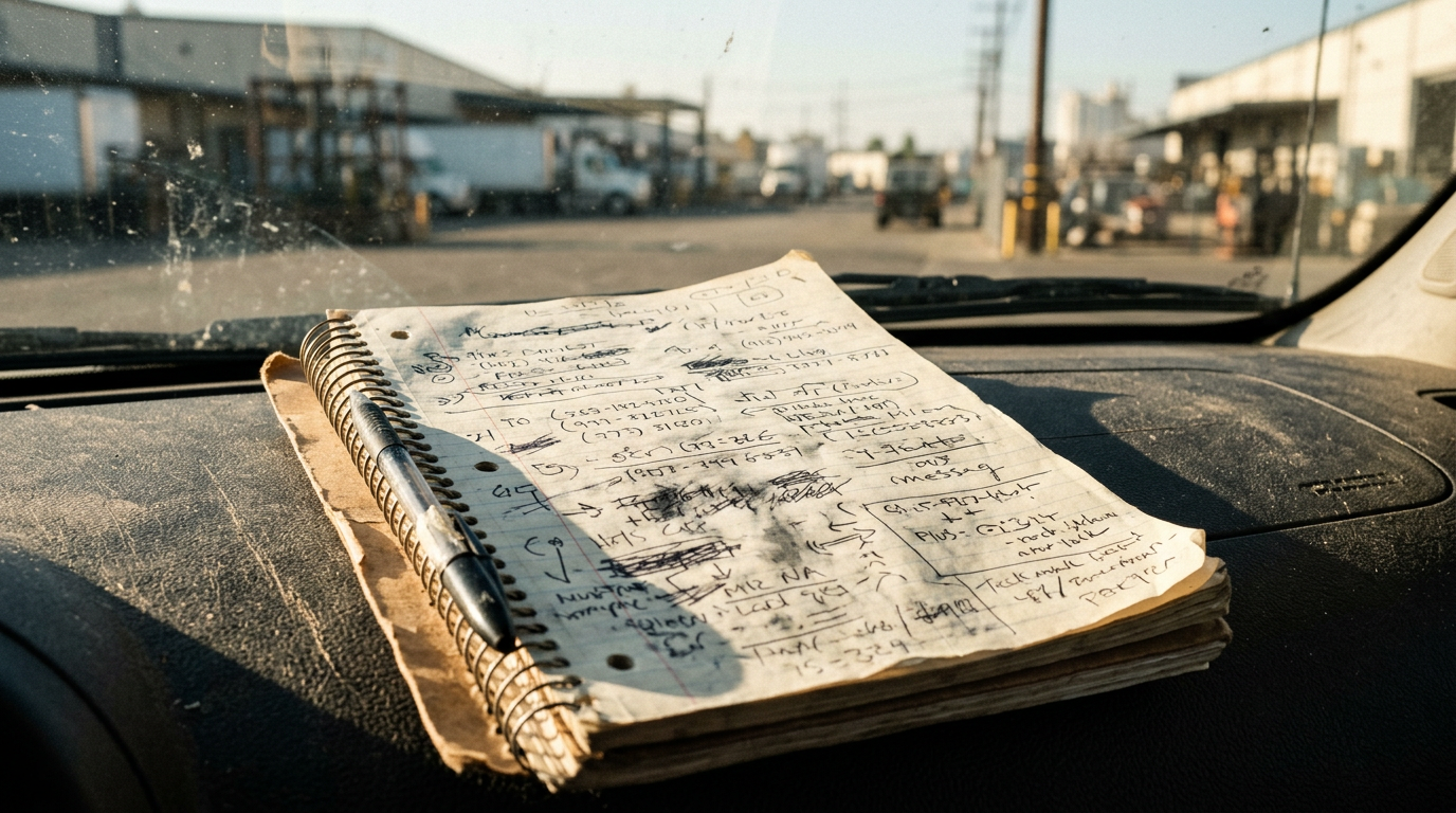 Photo of a spiral notepad full of scribbled handwriting and a pen on a dusty car dashboard, with a truck yard and warehouses visible through the windscreen.