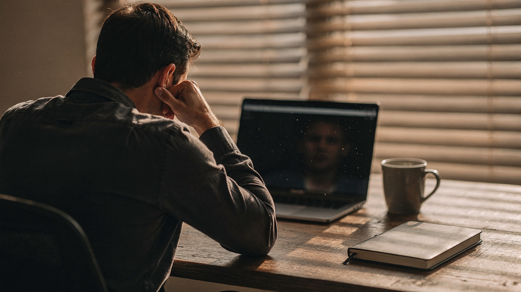 A freight professional at a desk with head in hand in front of a laptop, afternoon light through blinds.
