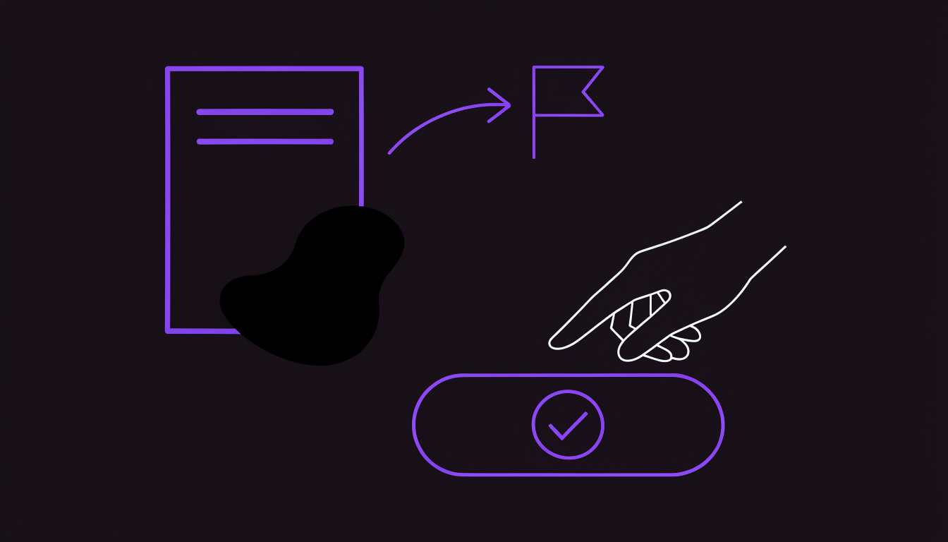 Line illustration: a document with a dark smudge is flagged, and a hand reaches for an approval button.