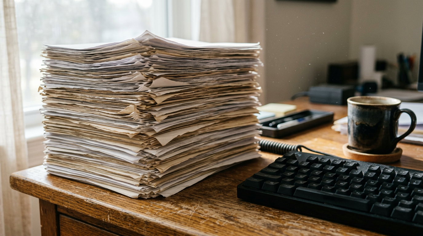 A tall, untidy stack of paper beside a keyboard and a coffee mug on a wooden desk.