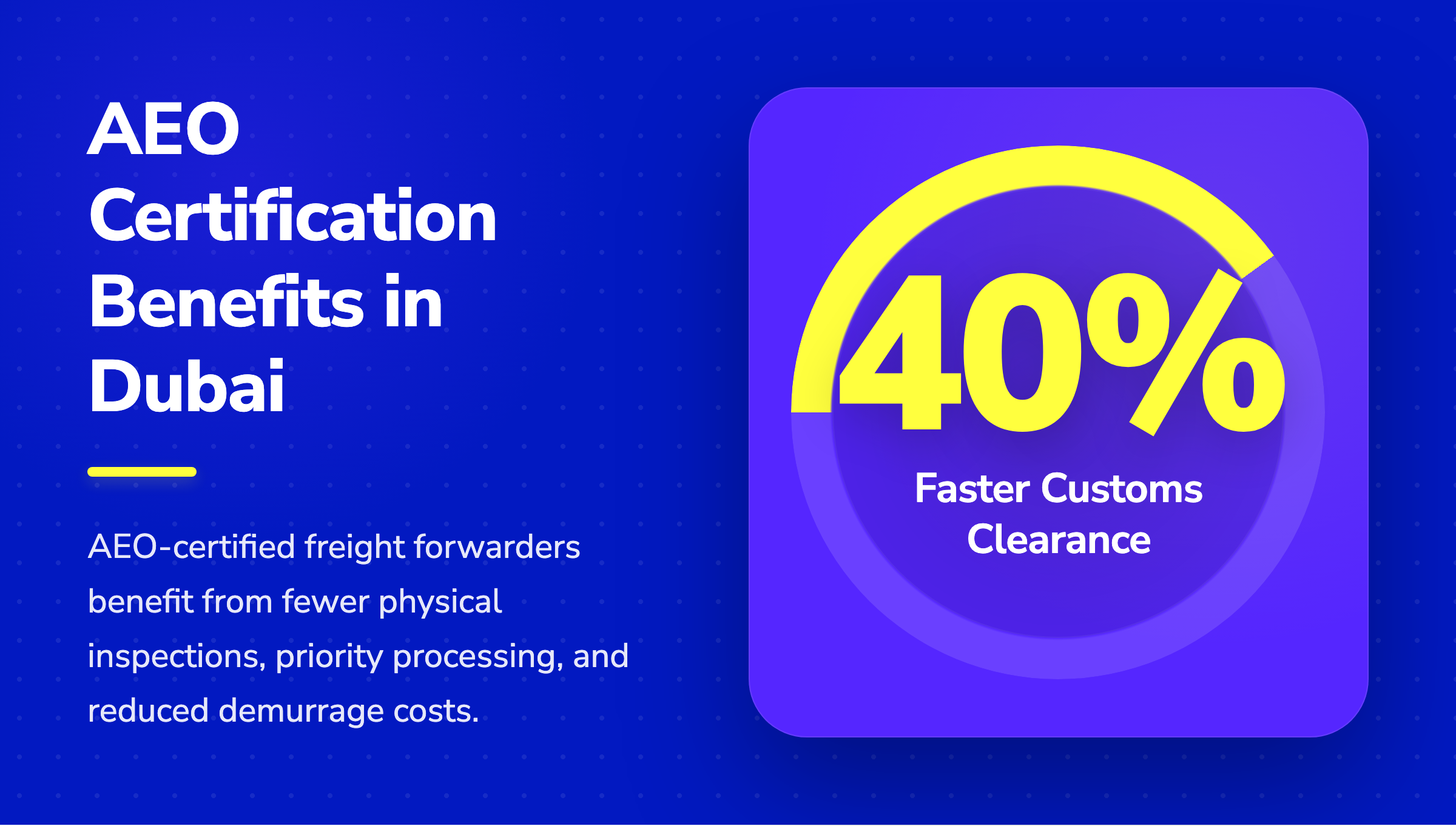 AEO certification benefits in Dubai showing 40% faster customs clearance, fewer inspections, and reduced demurrage costs.