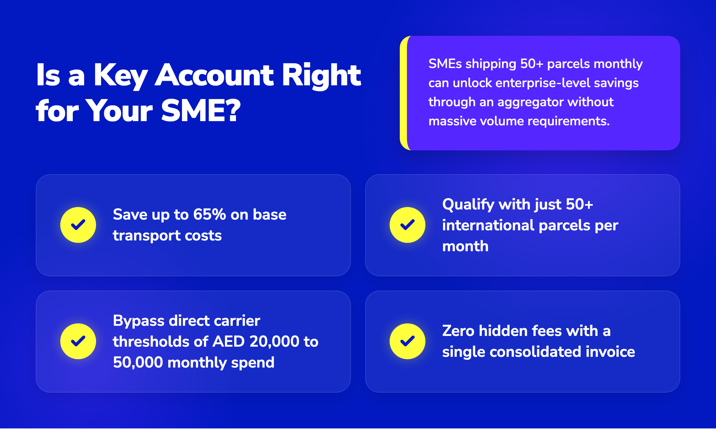 Checklist infographic showing how UAE SMEs save 65% on shipping and bypass AED 20,000 thresholds with Key Account rates.