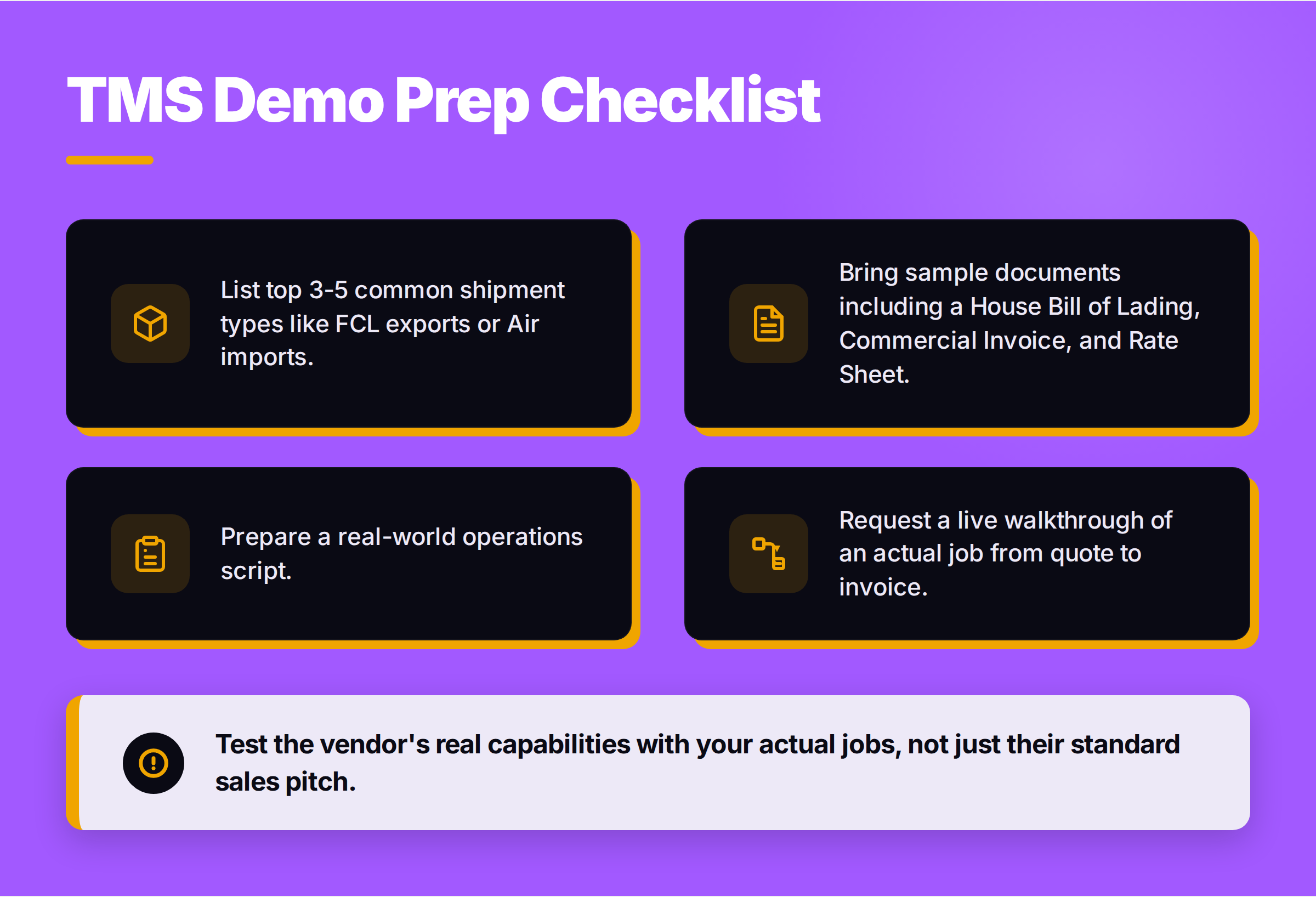 Checklist titled TMS Demo Prep: list your common shipment types, bring sample documents, prepare a real-world operations script, request a live walkthrough of a job from quote to invoice.