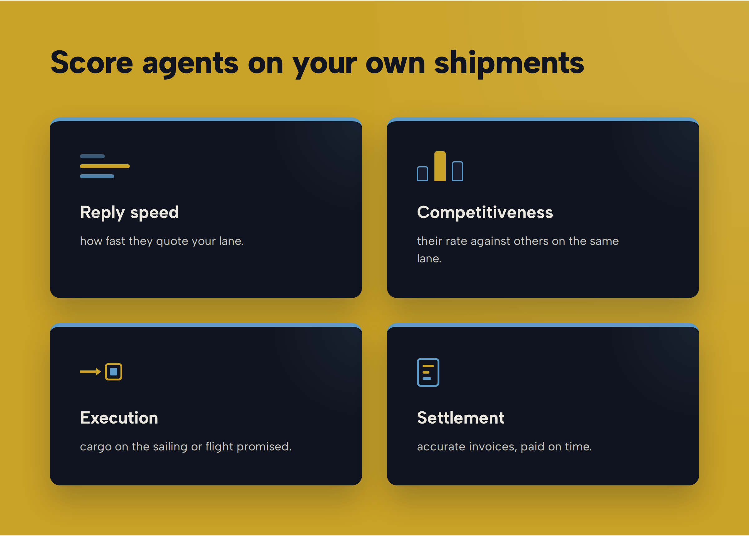 Four cards titled 'Score agents on your own shipments': Reply speed, Competitiveness, Execution and Settlement, each with a one-line definition.